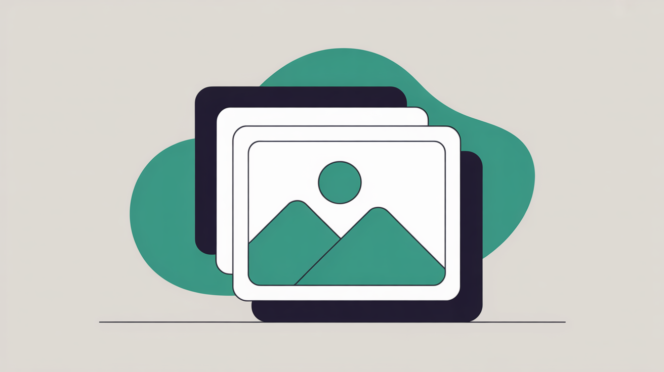 Abstract flat illustration of digital image files being processed and optimised, teal shapes on warm stone grey background
