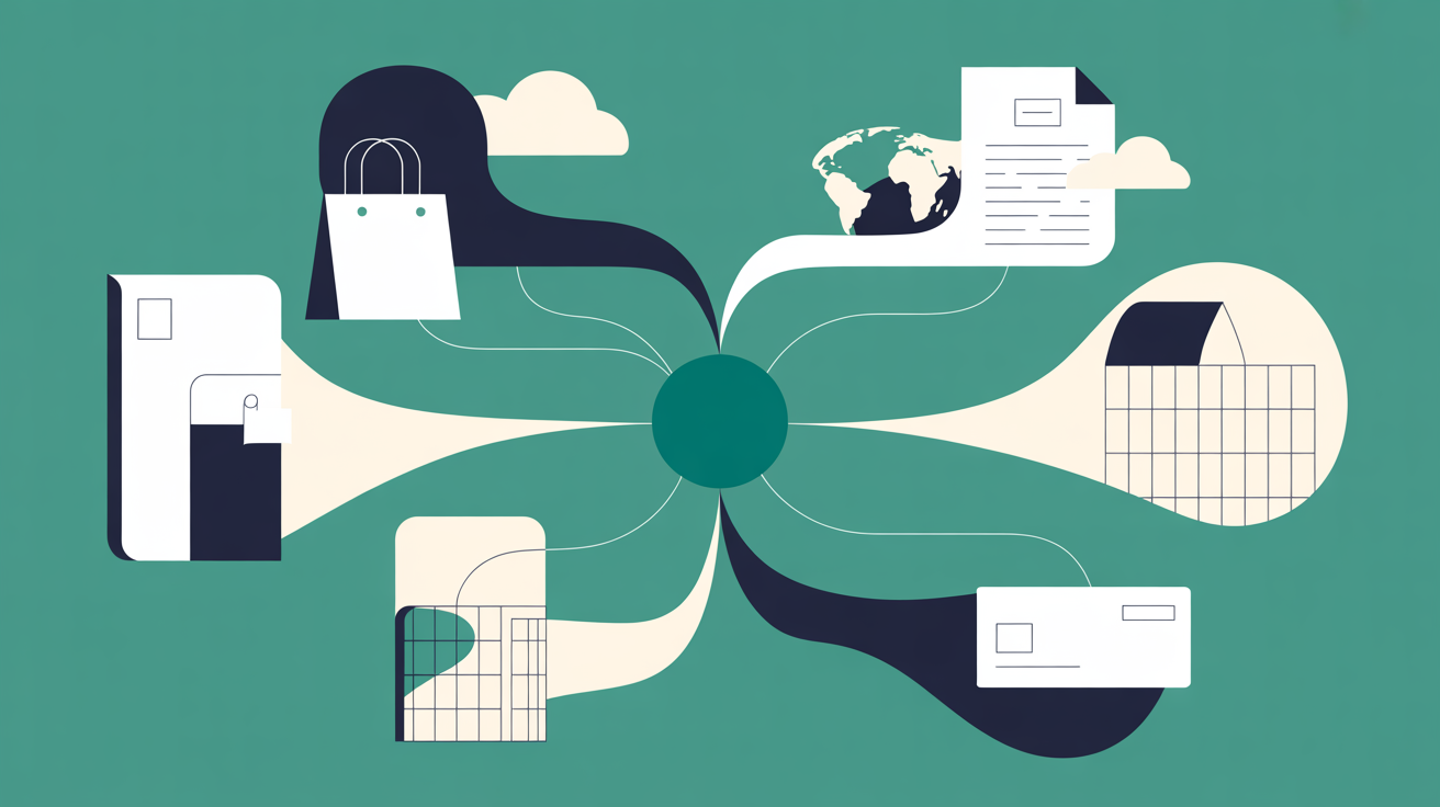 Flat illustration of interconnected abstract shapes representing diverse website types all branching from a central teal node