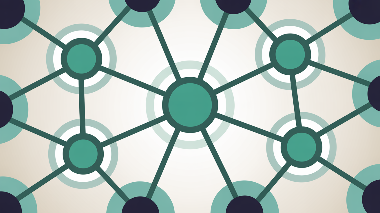 Abstract teal network diagram with one central node enclosed in a protective circle, suggesting a server watching login activity across many sites