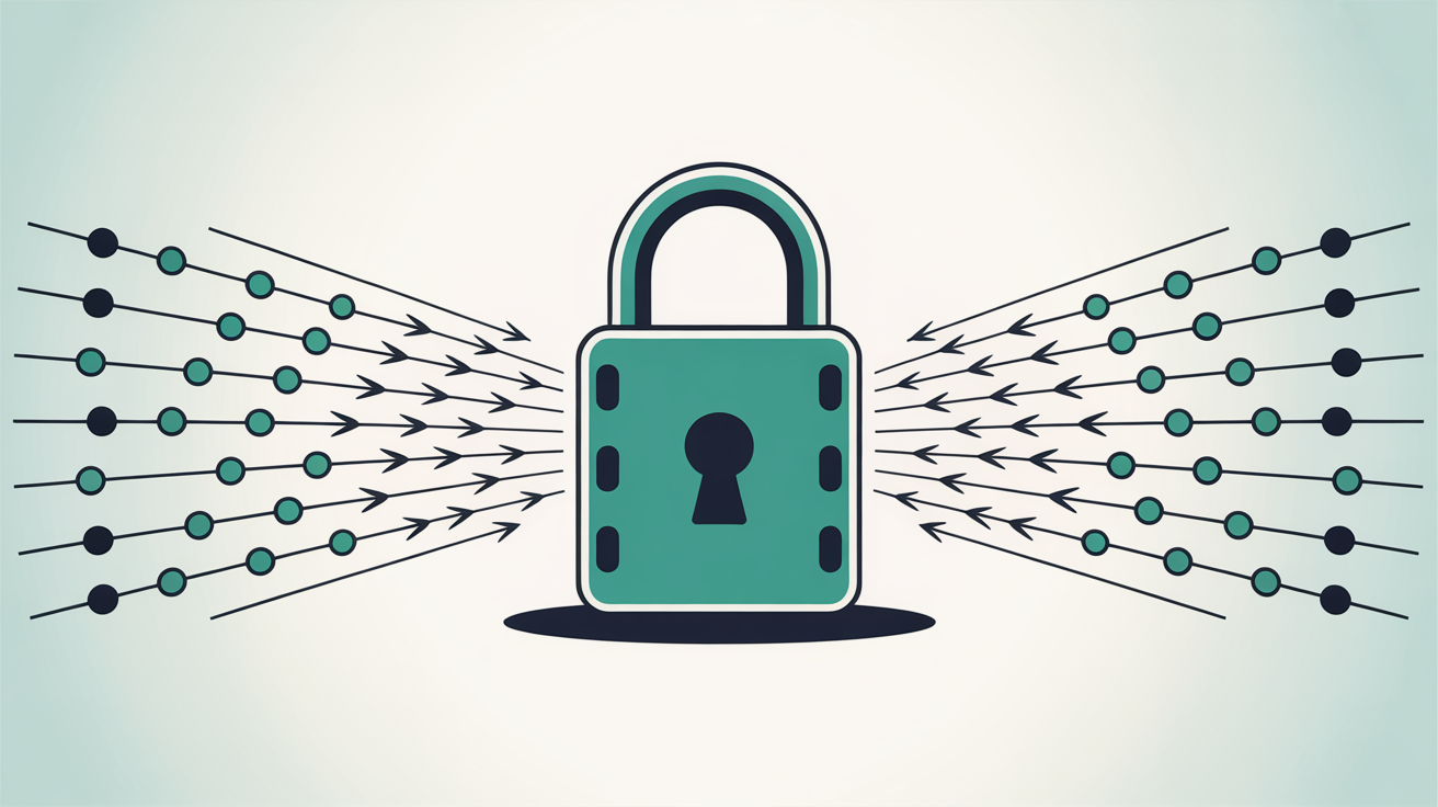 Flat abstract illustration of a single locked gateway node with many small teal arrow shapes converging on it from all directions and most being deflected by a protective ring, on a warm stone grey background