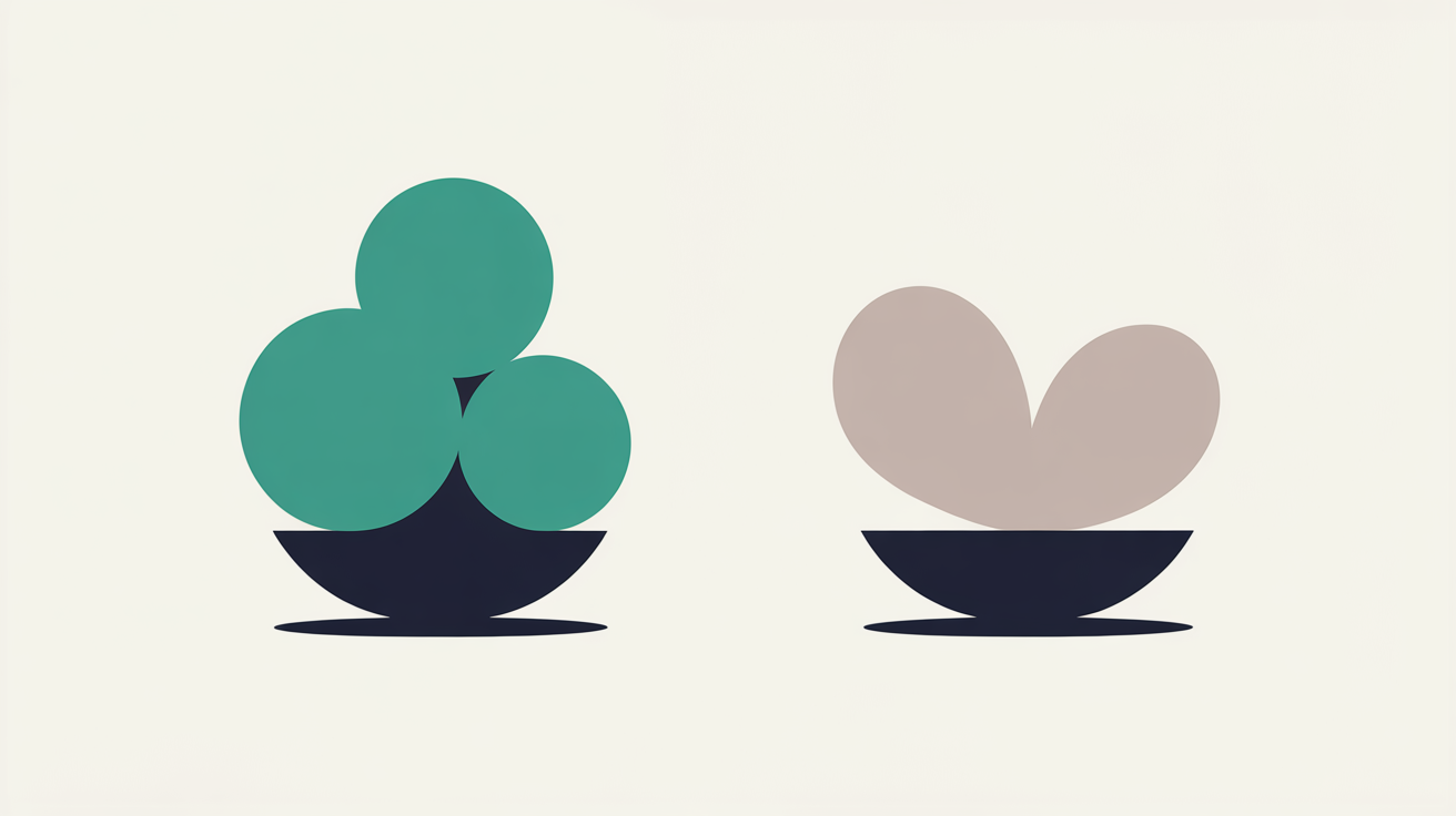 Minimal flat illustration of two weighted sides suggesting value assessment, teal shapes balanced against warm grey forms on off-white background