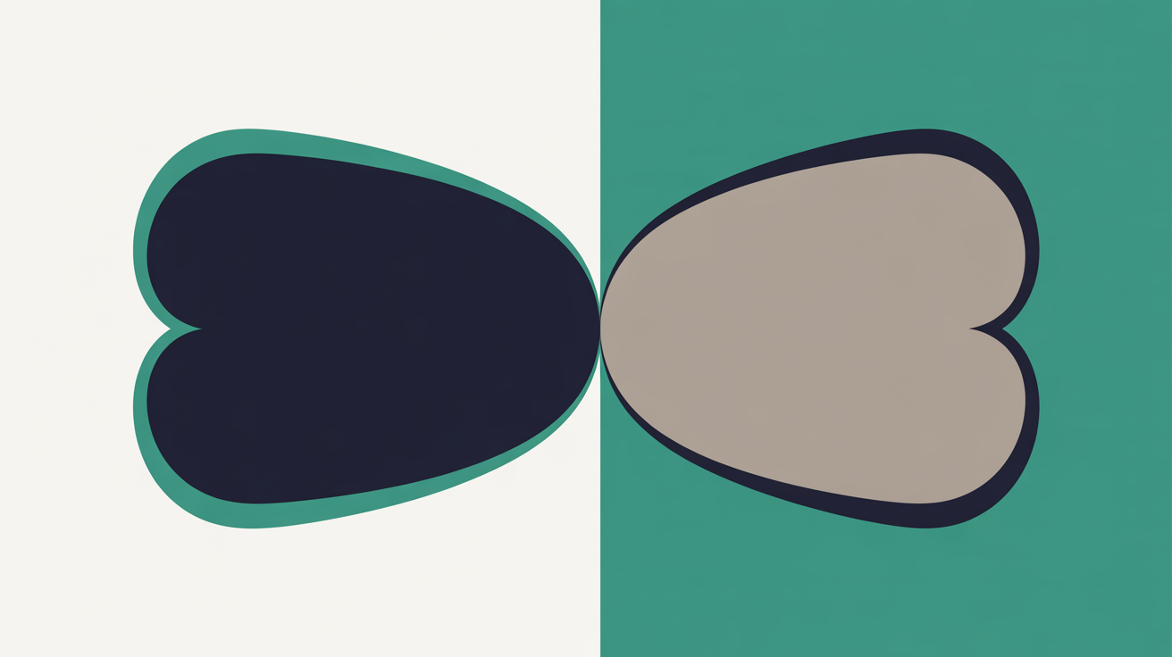 Abstract flat illustration of two contrasting visual zones suggesting value comparison, one compact and contained, one expansive, teal and warm grey palette