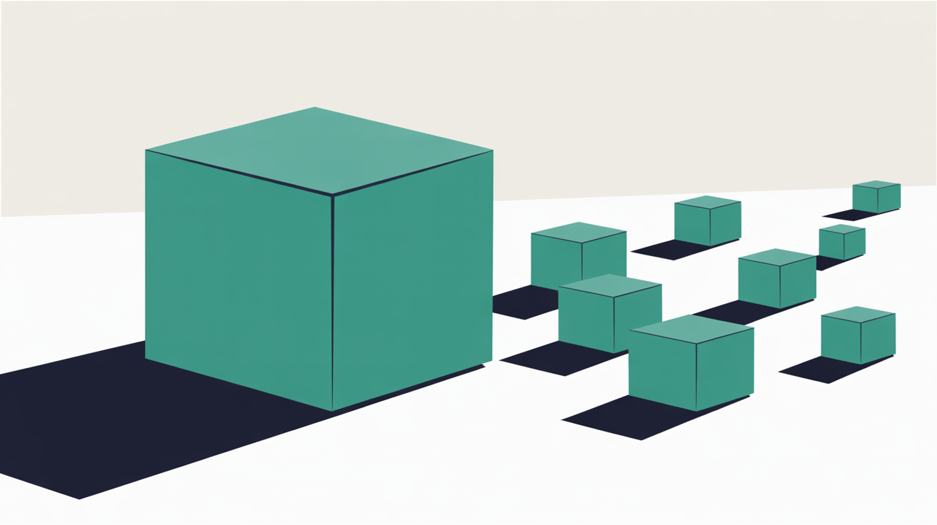 Abstract illustration of one large solid teal block standing firm while small blocks drift away across a warm grey field