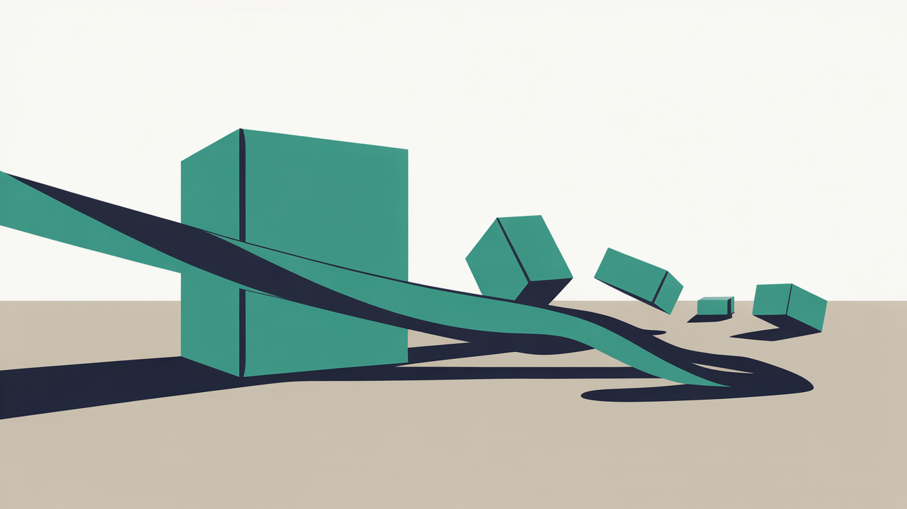 Abstract teal line dipping then redirecting across a warm grey field, with one large block holding firm beside smaller scattered blocks