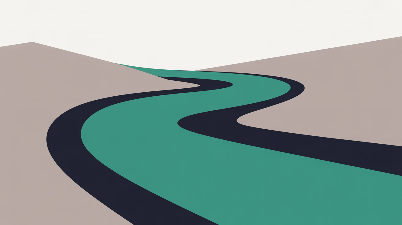 Abstract flat illustration of a path flowing between two distinct geometric zones in teal on warm stone grey background