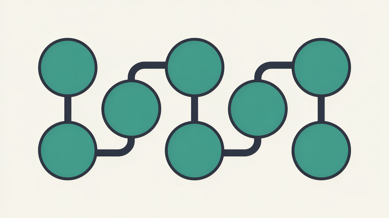 Five connected abstract nodes in teal arranged in an ordered sequence on warm off-white background