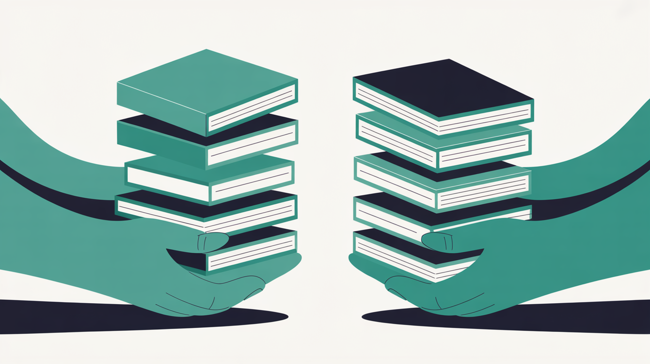 Abstract flat illustration of layered geometric shapes being transferred intact between two stable platforms, teal and warm grey palette, clean and minimal