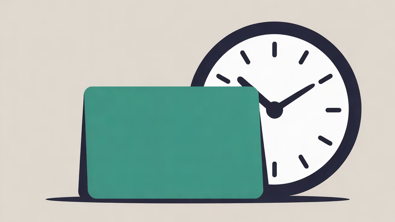 Flat illustration of a blank teal card propped against a navy-rimmed clock on a warm grey background
