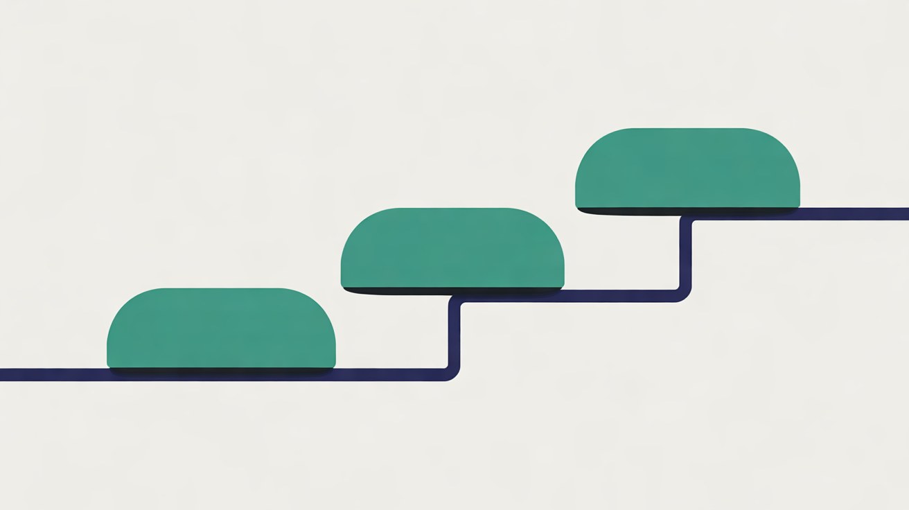 Flat illustration of three teal rounded blocks stepping upward along a navy line on an off-white background