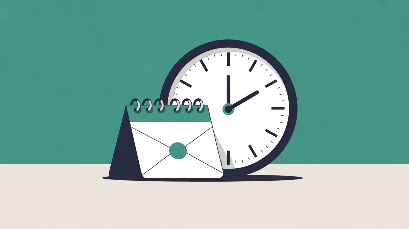 Flat illustration of a white envelope on a teal desk calendar leaning against a navy-rimmed wall clock