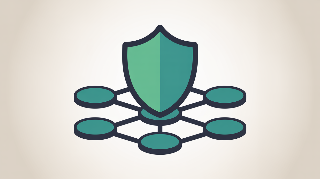 Abstract shield shape protecting connected nodes on a warm grey background with teal accents