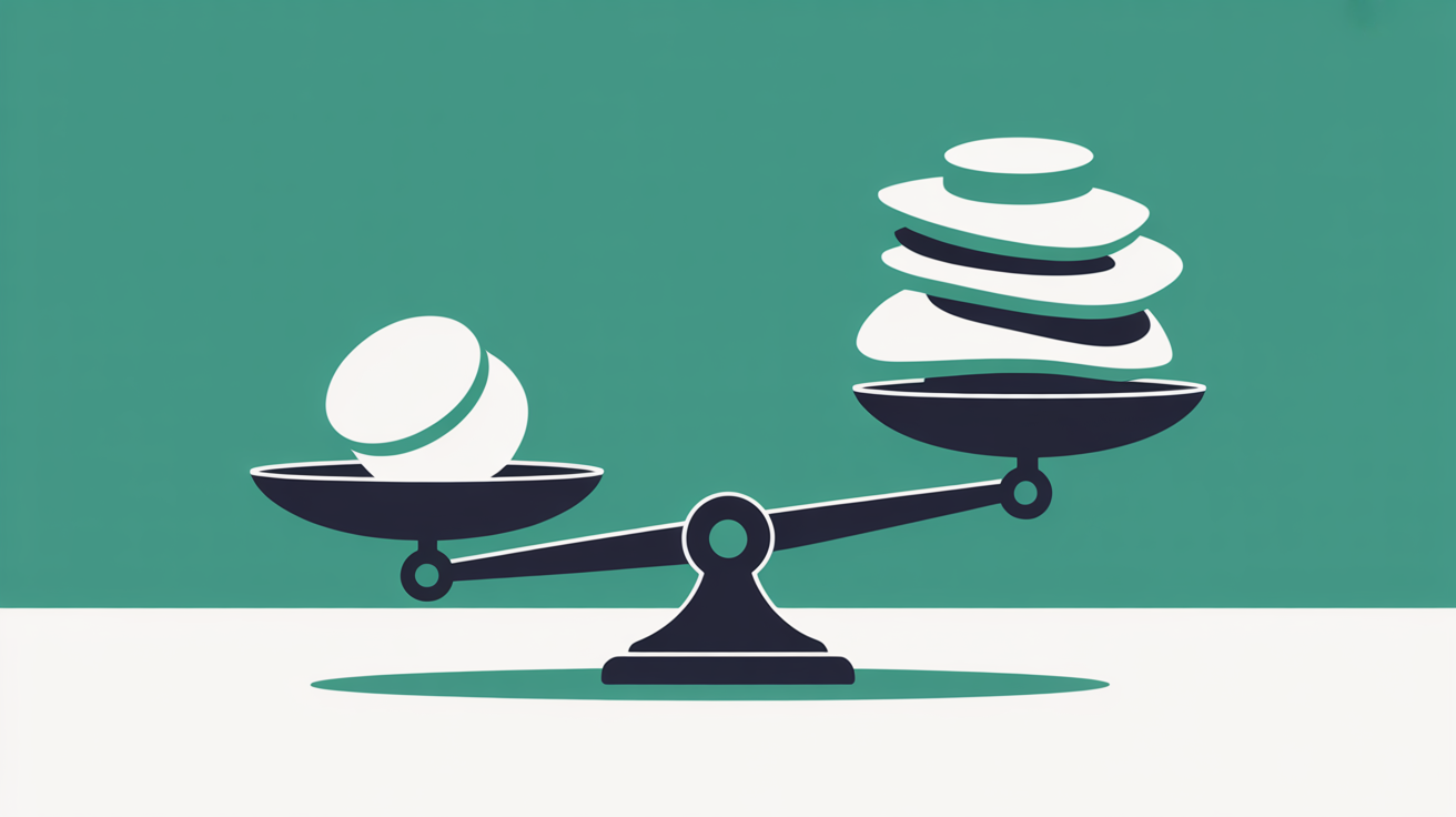 Abstract flat illustration of a scale weighing a small light shape against a larger stacked shape, teal on warm grey