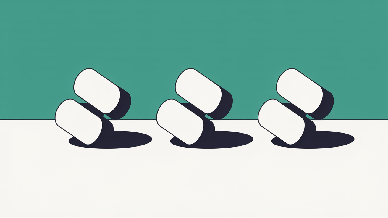 Abstract flat illustration of three small distinct shapes arranged in a row, each carrying a different amount of visual weight
