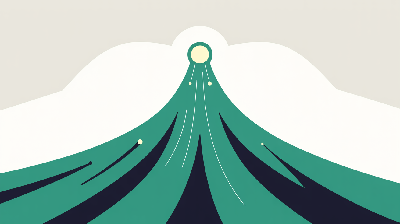 Abstract flat illustration of teal lines converging into a single glowing node on a warm grey background, suggesting discovery and speed