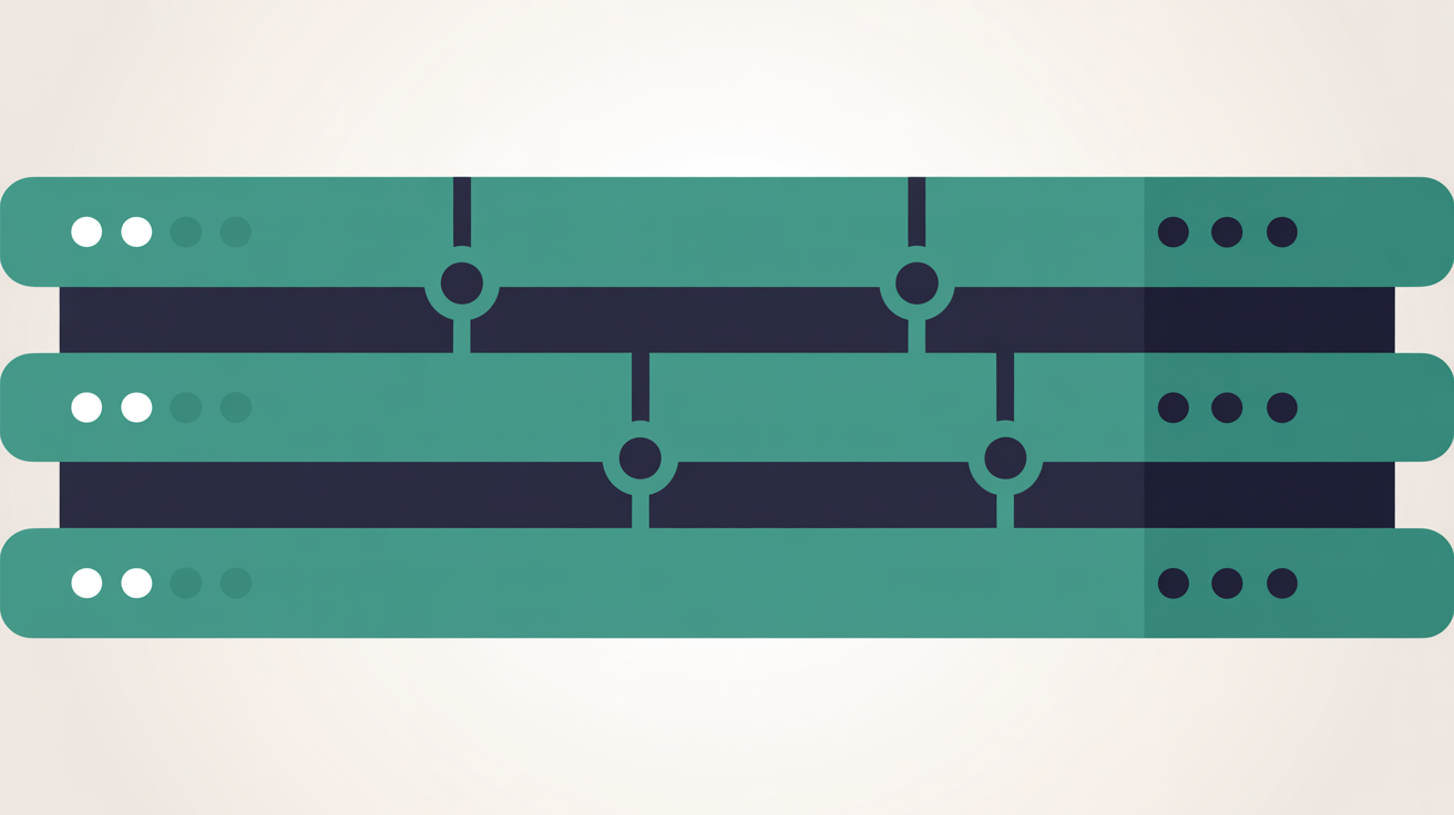 Abstract diagram with three distinct horizontal bands in teal on a warm grey background, connected by vertical nodes suggesting data pathways through server caching layers