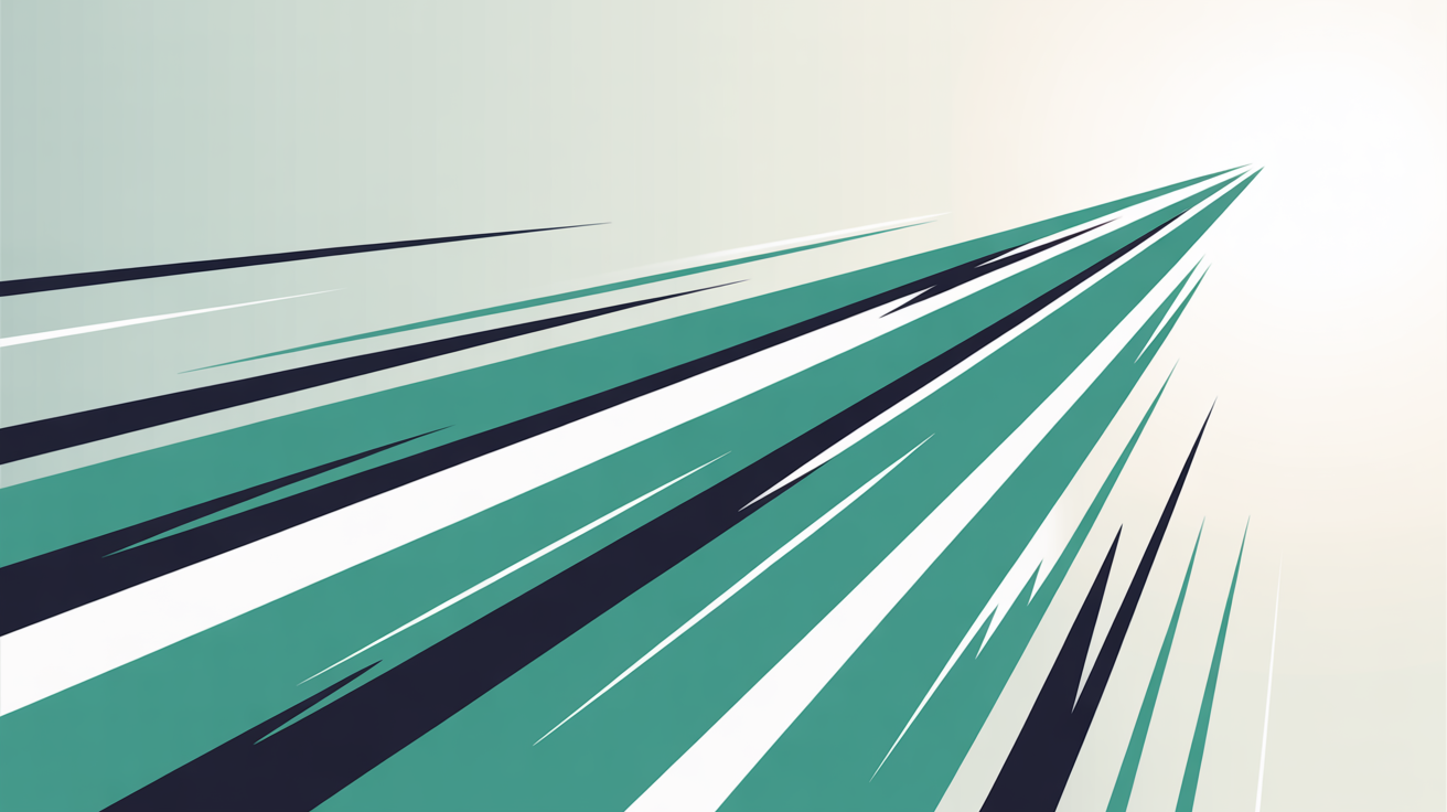 Abstract speed motion graphic with flowing diagonal teal lines accelerating from bottom left to upper right on a warm stone grey background