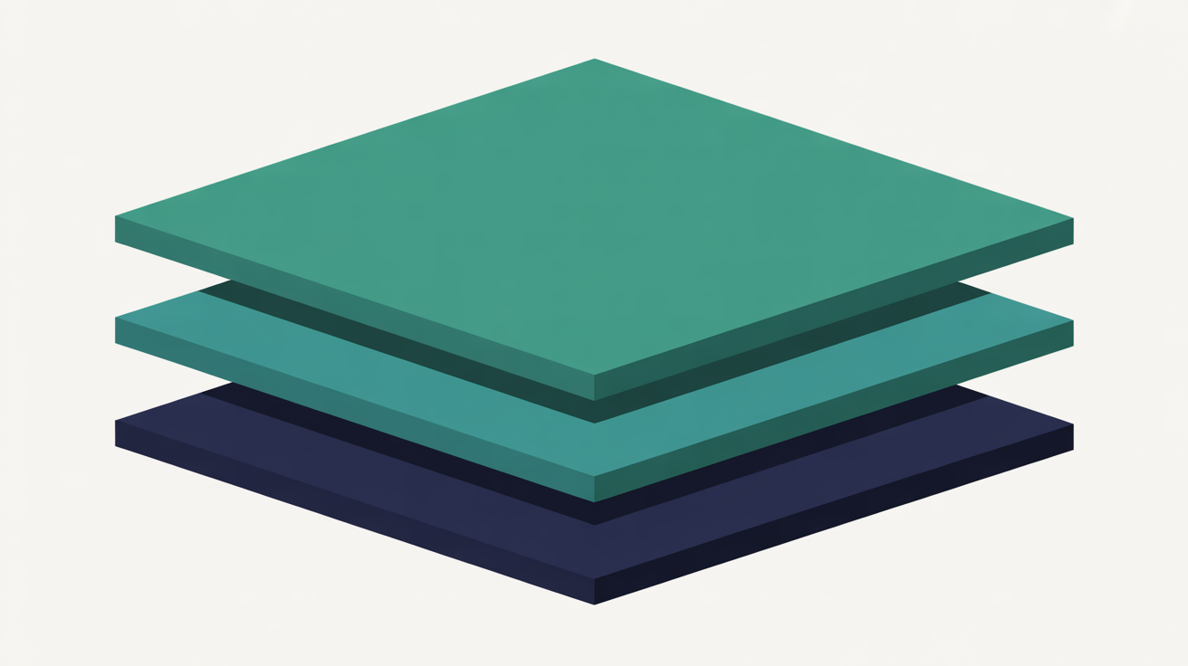 Abstract flat illustration of three layered architectural planes in teal and deep navy floating above a warm stone grey background suggesting server architecture depth