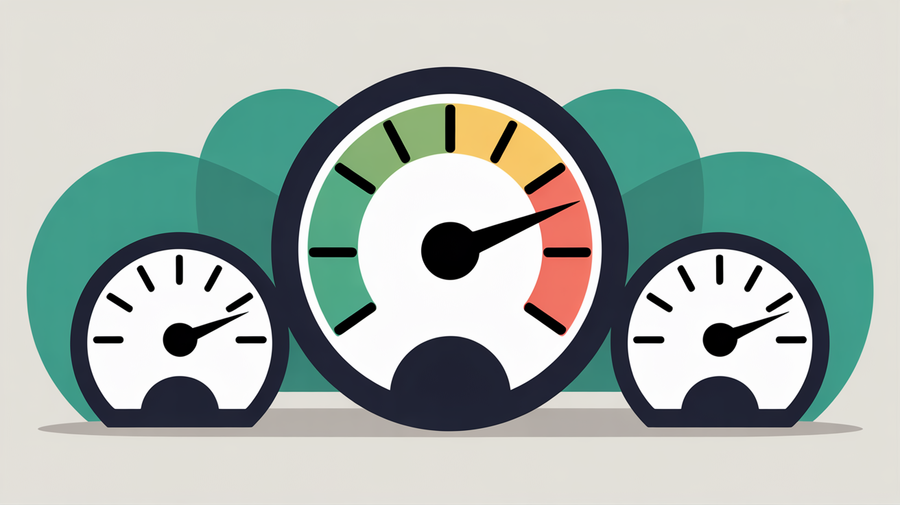 Abstract gauge shapes with teal accents suggesting performance measurement on warm grey background