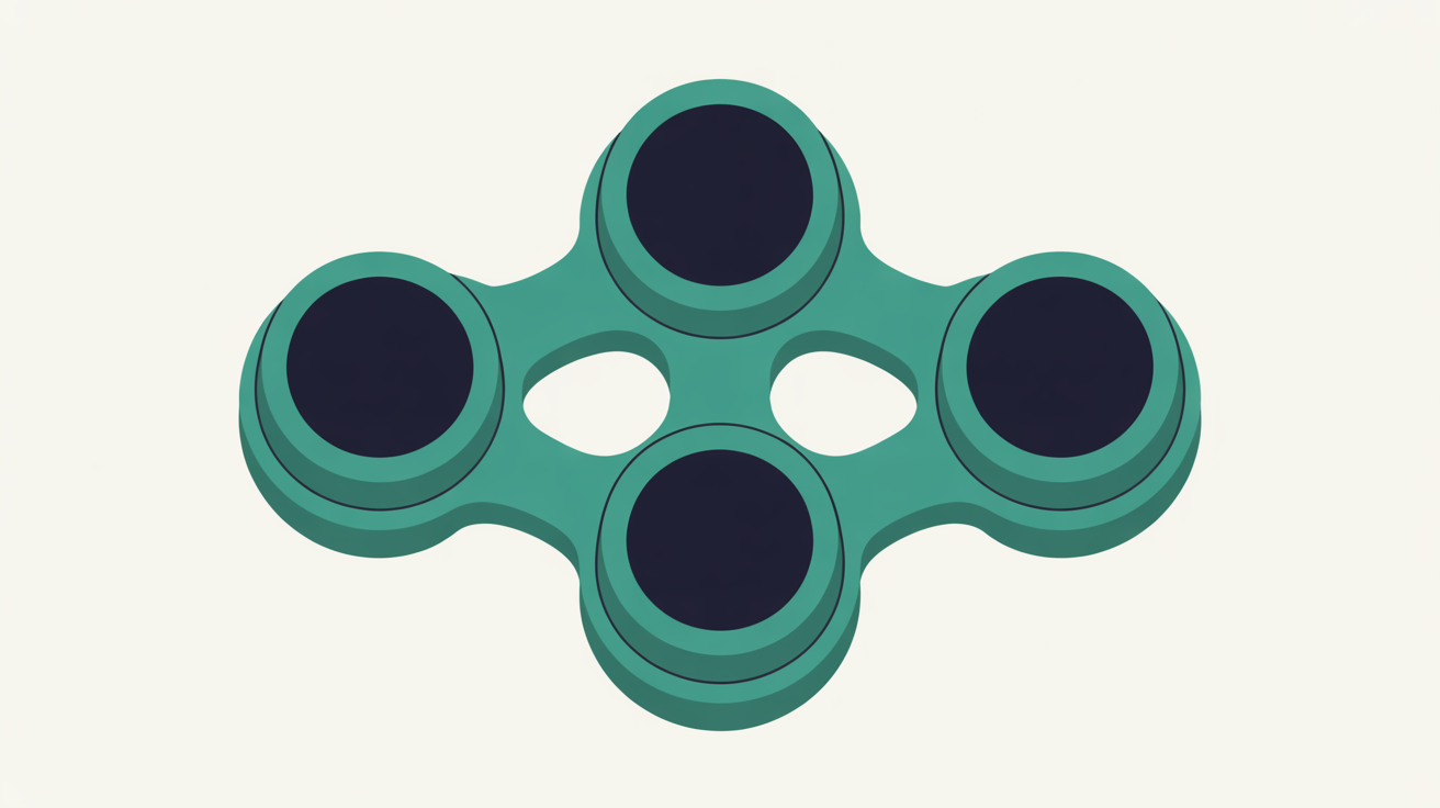 Abstract illustration of three interconnected circular nodes arranged vertically with flowing teal data streams on warm grey background
