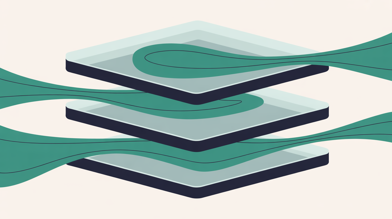 Abstract layered architecture with three translucent planes and flowing teal data streams on a warm grey background