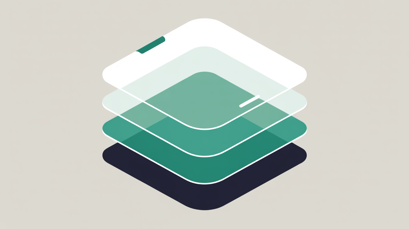 Abstract layered architecture illustration with teal translucent shapes stacked on warm grey background