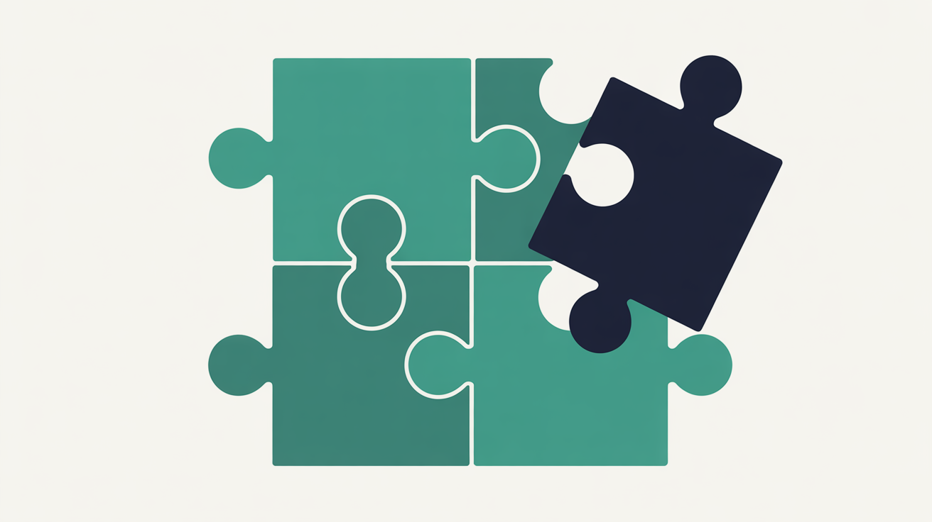 Flat minimal illustration of teal puzzle pieces on warm grey background with one darkened piece misaligned, suggesting hidden infiltration in an otherwise clean system