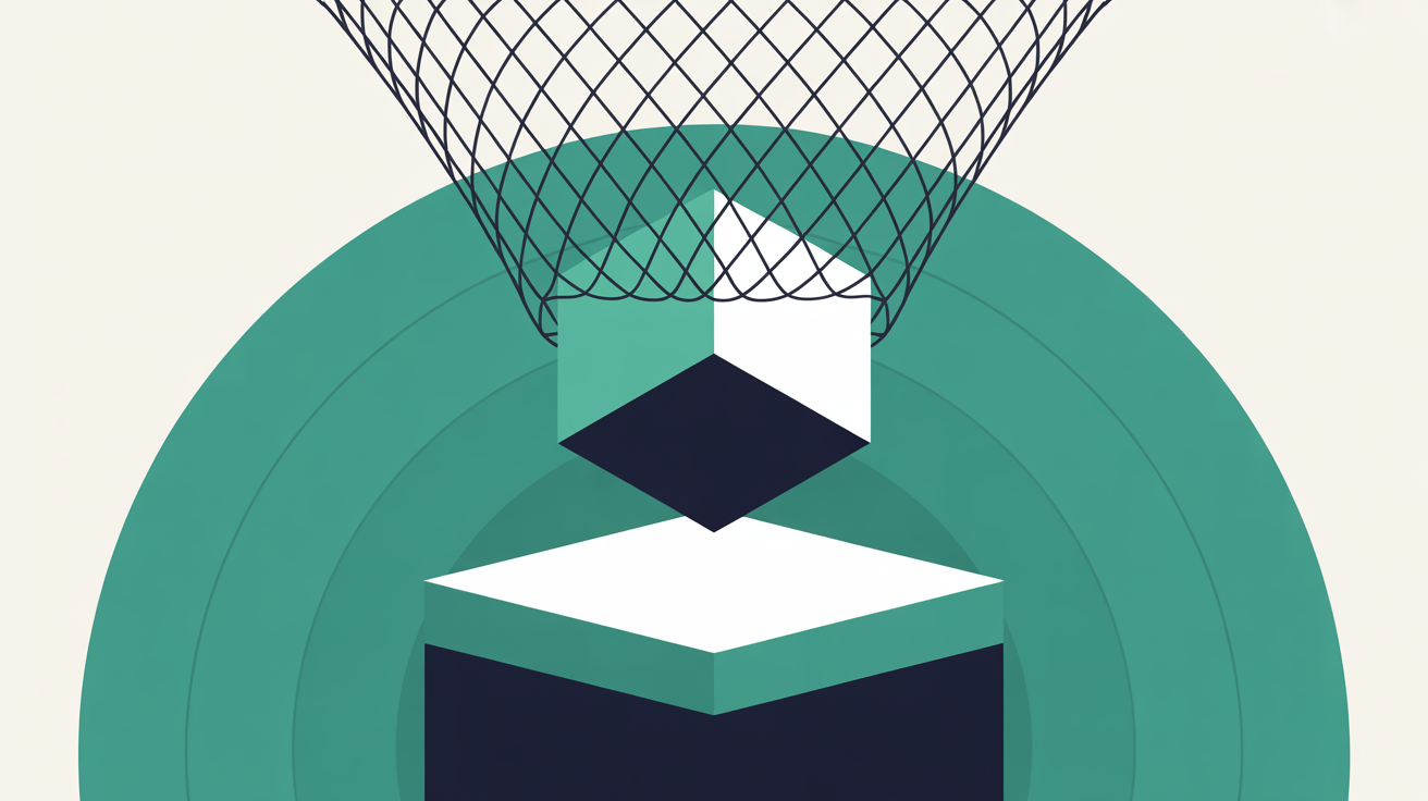 Abstract teal safety net catching a falling geometric block above a stable platform, suggesting site protection and rollback