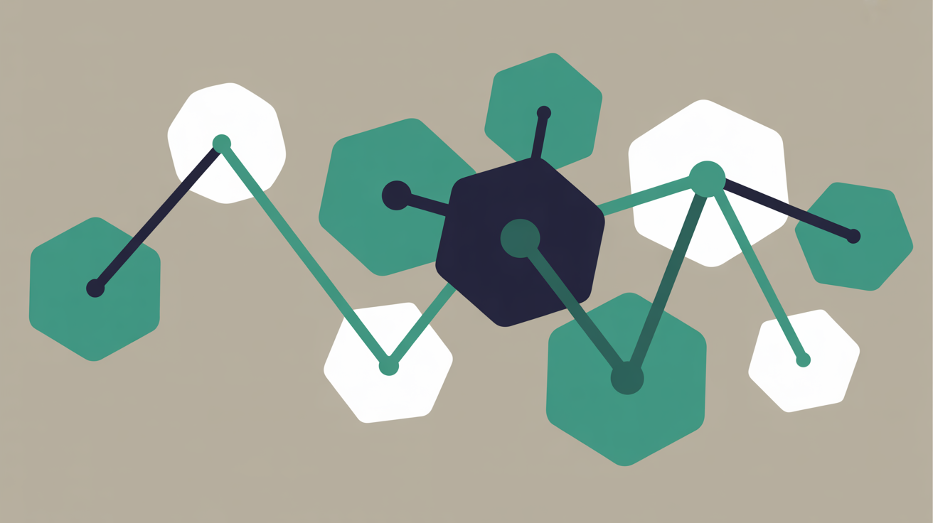 Abstract flat illustration of interconnected geometric shapes linked by teal lines on a warm grey background, representing a plugin dependency chain with highlighted vulnerability nodes