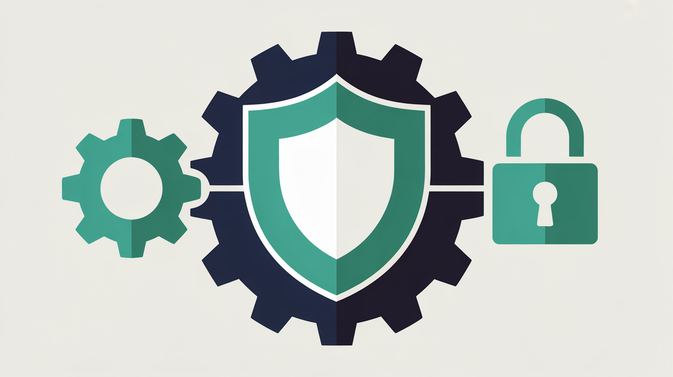 Clean flat illustration of a shield and gear integrated into an abstract website layout in teal on warm grey