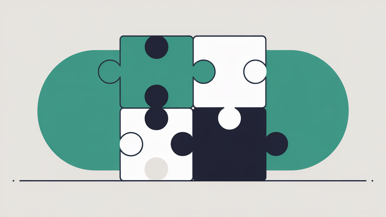 Abstract flat illustration of interlocking puzzle pieces in teal and warm grey representing WordPress plugin components