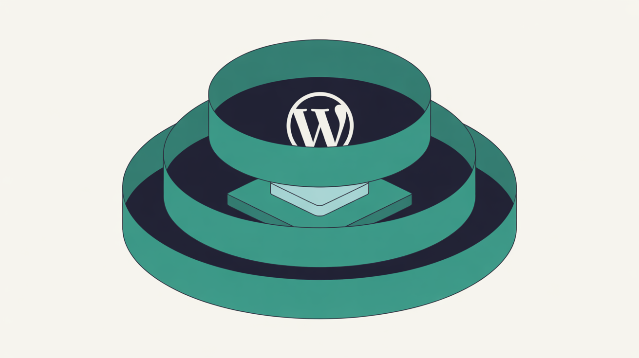 Abstract teal layered network diagram representing server-level caching, security and backup tiers replacing WordPress plugins