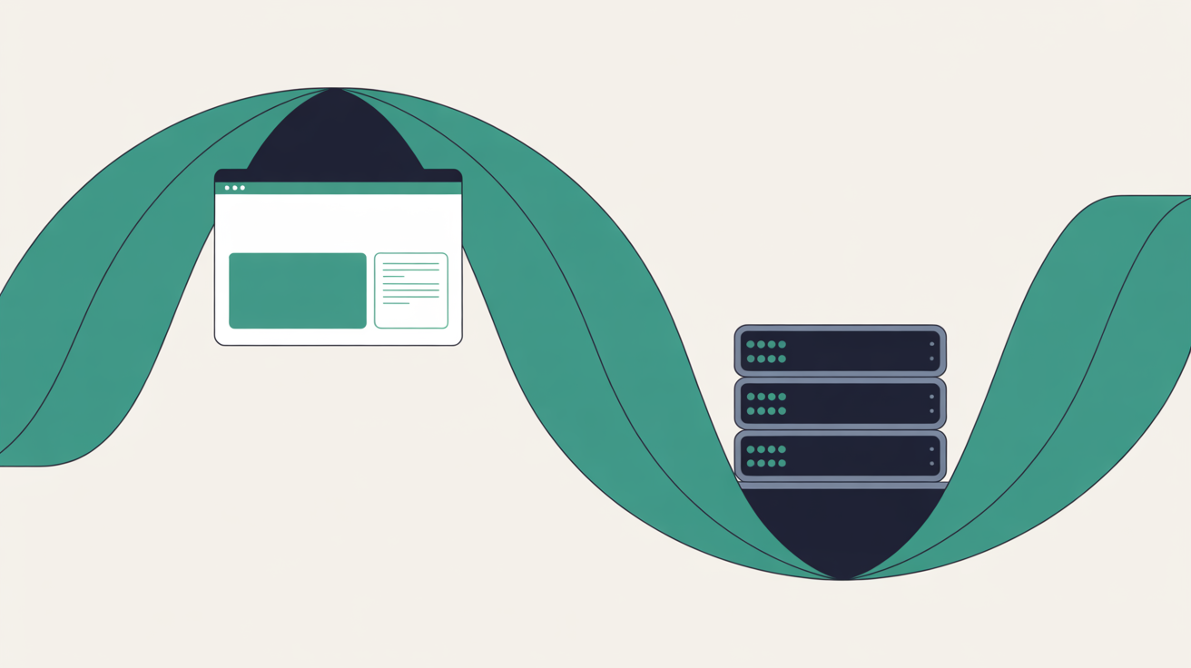 Two abstract teal arcs representing a server-level backup process running outside WordPress alongside the live site, on a warm grey background