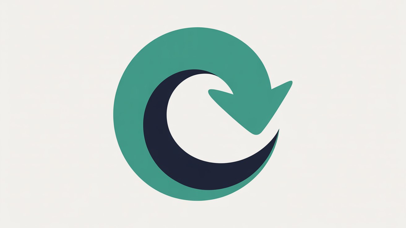Abstract teal circular rewind arrow flowing backwards over a warm grey background, representing a rollback to a previous state