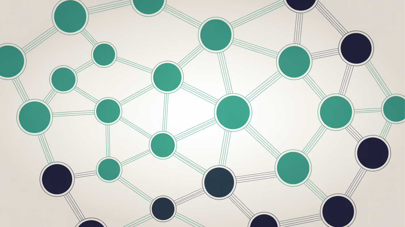 Abstract network nodes connected by teal lines with blocked connections highlighted at the perimeter