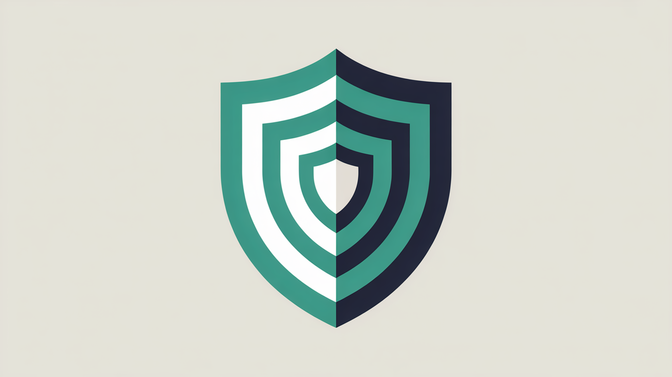 Abstract layered shield shapes in teal on warm grey background suggesting multiple security layers