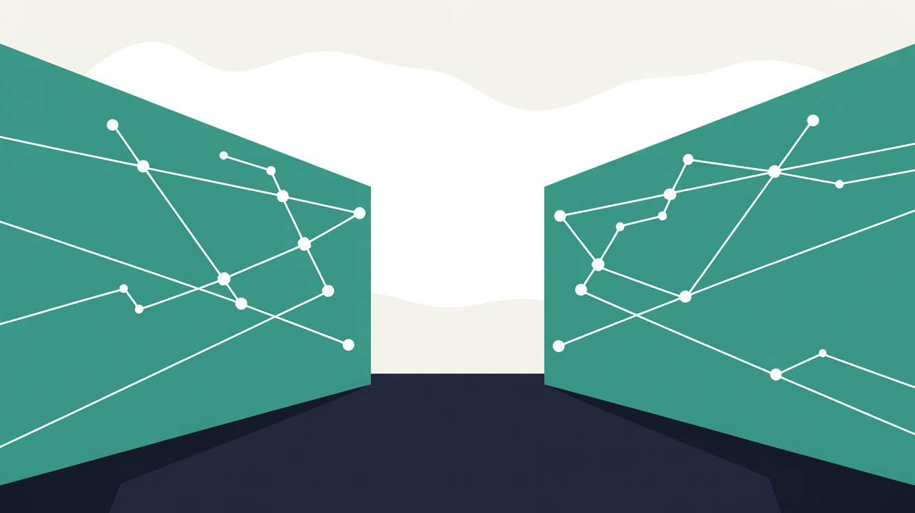 Flat illustration of two parallel environments with a controlled connection between them, teal lines on warm grey
