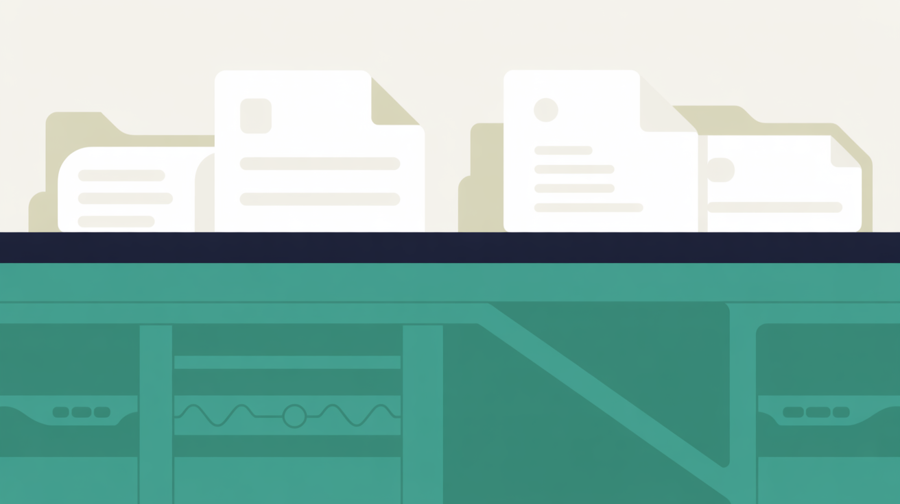 Abstract layered flat illustration showing two distinct zones in teal and warm grey suggesting a plugin layer above and infrastructure layer below