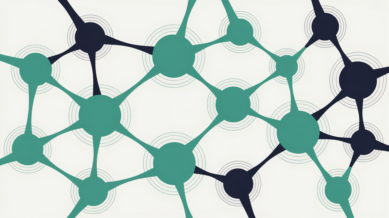 Clean flat illustration of interconnected nodes and flowing lines on warm grey background with teal accents suggesting structured data connections