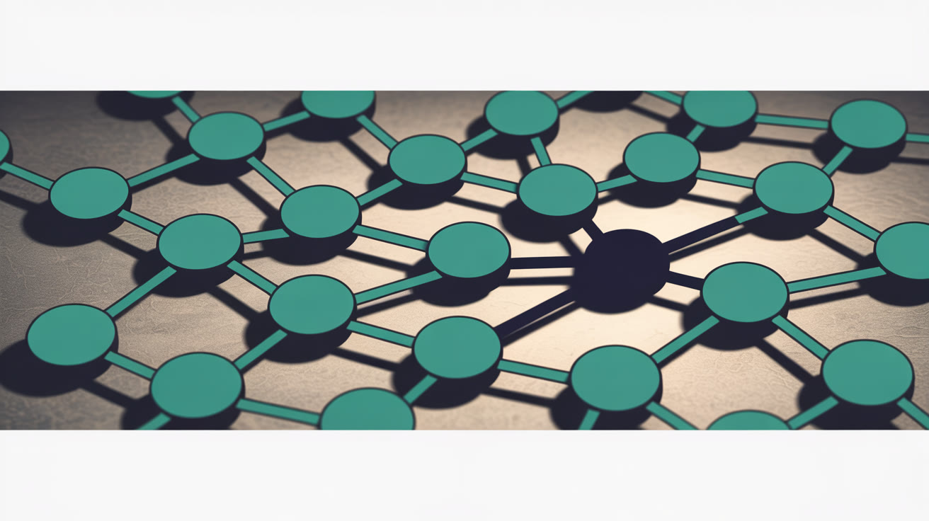 Abstract network of teal nodes on warm grey with one dark navy node highlighted as an anomaly among the cluster