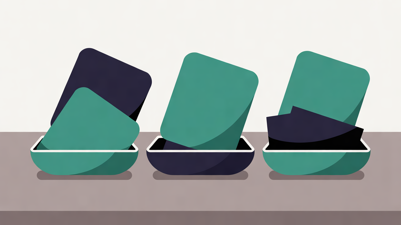 Flat illustration of rounded teal and navy cards being sorted into three separate trays on a warm grey surface