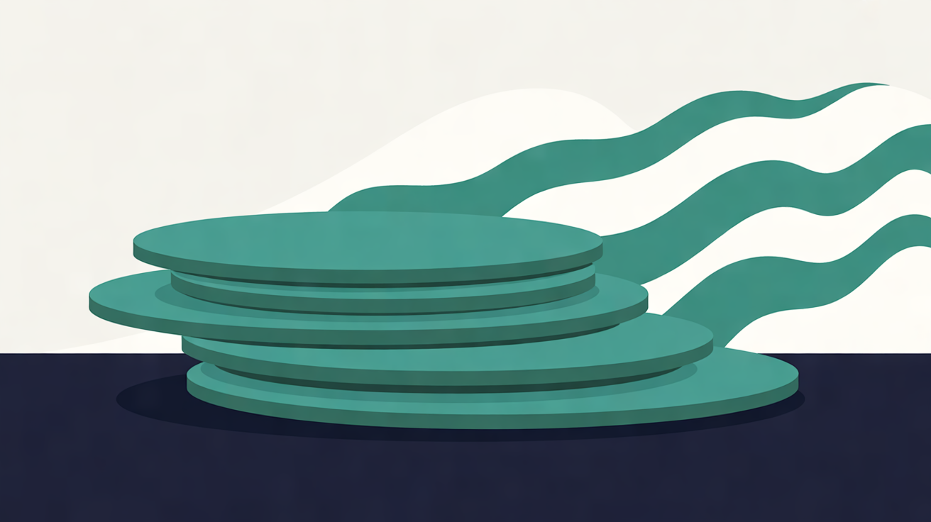 Abstract flat illustration of teal layered discs stacked above a navy base with flowing lines rising on a warm grey background