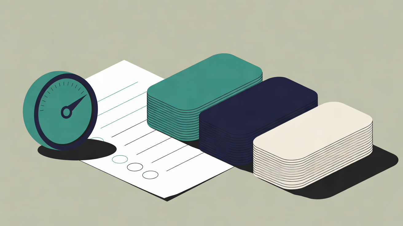 Flat illustration of a teal gauge beside a checklist sheet and three separate stacks of teal, navy and cream cards on a warm grey background