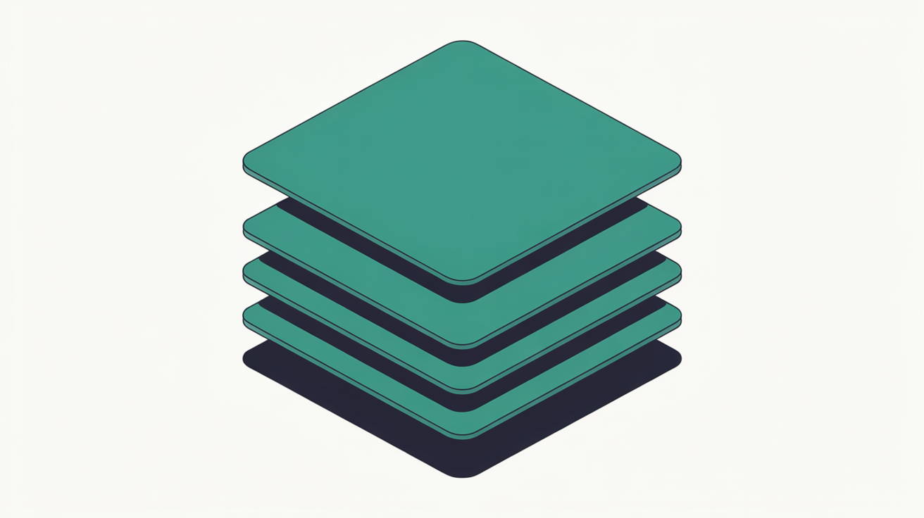 Layered abstract shapes in teal accumulating on a warm grey background, with one layer visibly larger than the others suggesting bloat in a single data category