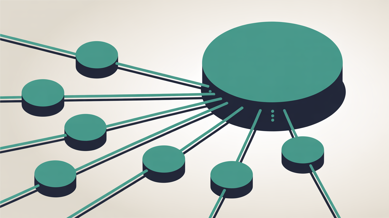 Abstract network of nodes connected by teal lines on a warm grey background with one node enlarged, suggesting an object cache layer absorbing load that would otherwise hit a central database