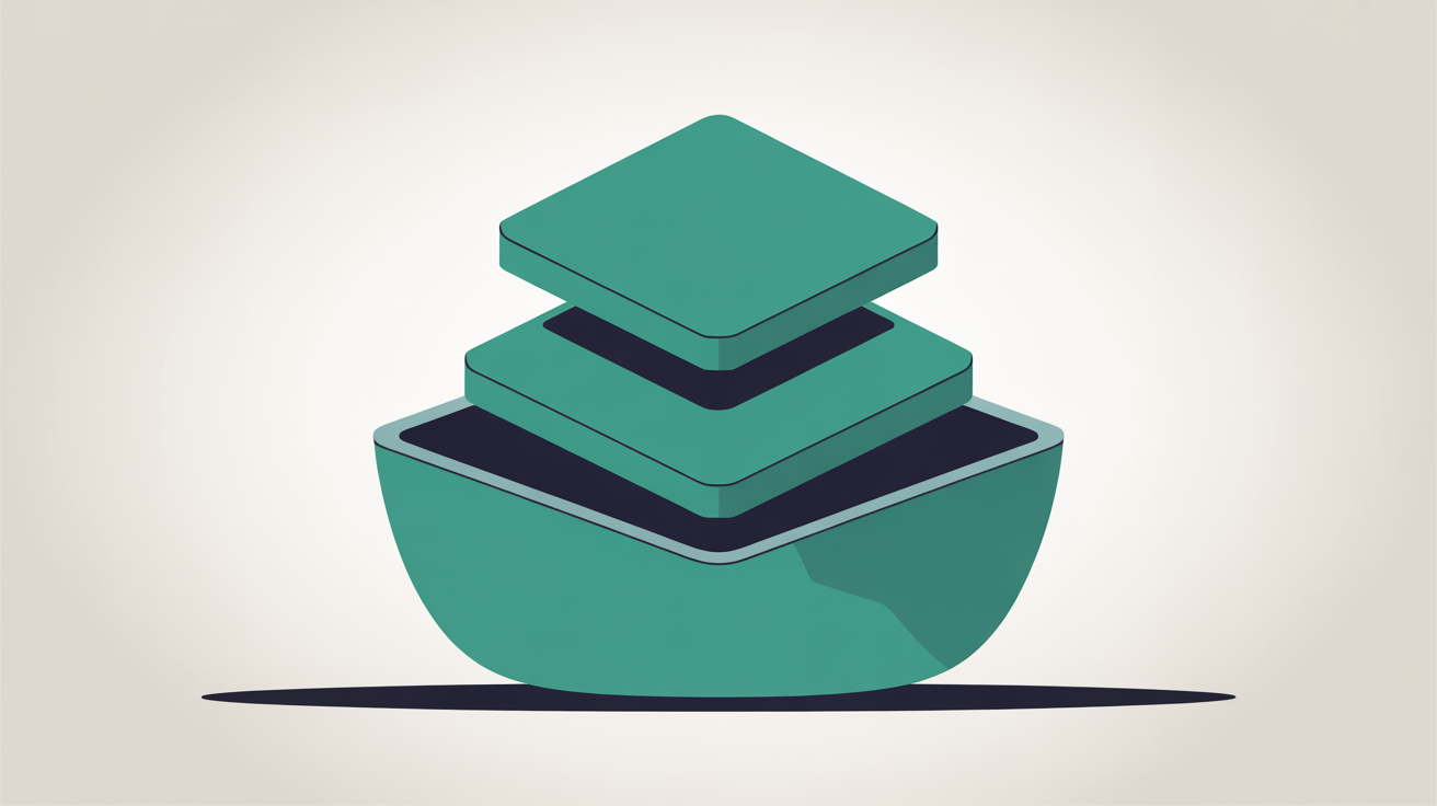 Abstract layered shapes in teal stacking on a warm grey background, suggesting accumulating data weight inside a database