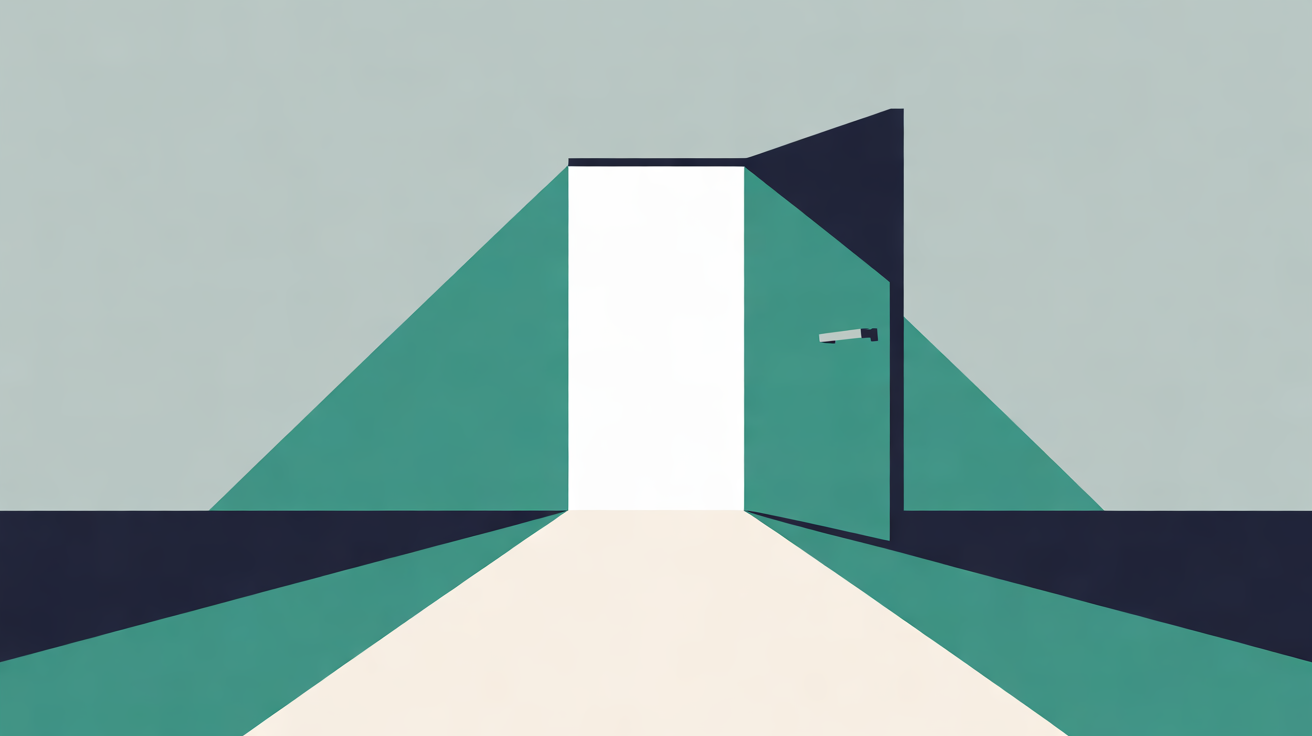 Flat illustration of an open door with bright light in the doorway and a pale path leading towards it, framed by teal and navy shapes