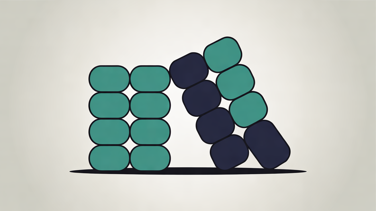 Flat illustration of two neat columns of rounded teal blocks beside a leaning stack of navy and teal blocks on a warm grey background