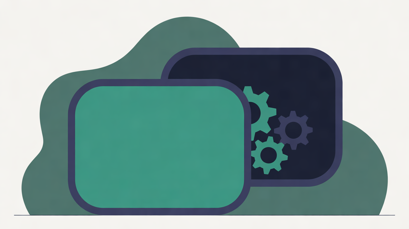 Flat illustration of two overlapping rounded panels on warm grey, a bright teal panel in front and a darker navy panel behind it holding small gear shapes