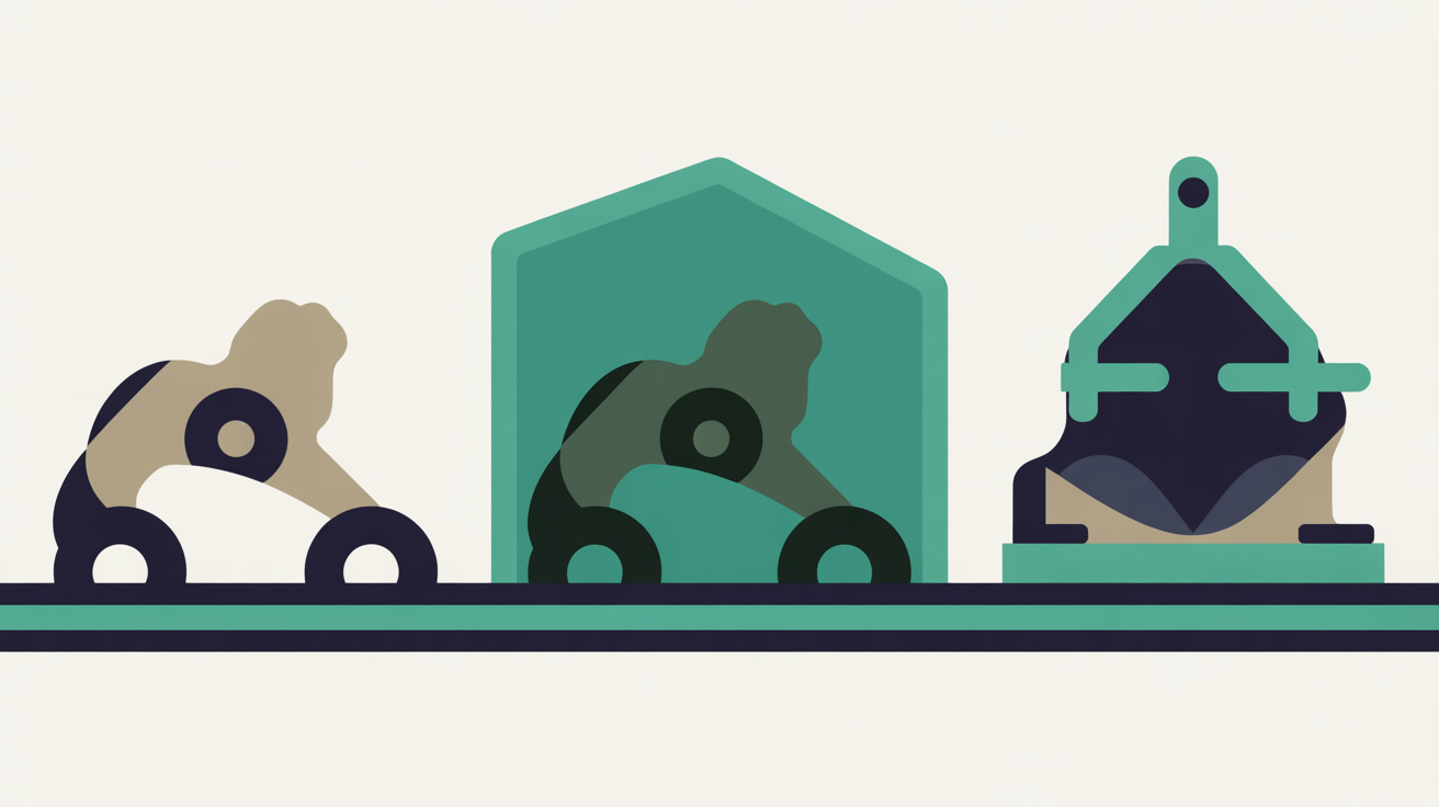 Abstract workflow progressing through a protected testing zone before reaching a secure destination, teal lines on warm grey