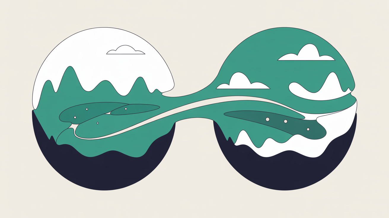 Two abstract environments connected by flowing teal lines, one shielded and stable, one open to changes, on warm stone grey background